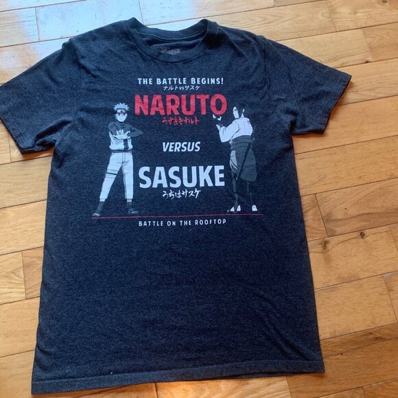 Naruto Shippuden Sasuke vs Naruto Battle on the Rooftop Graphic Tee Size S Gray - Picture 2 of 8